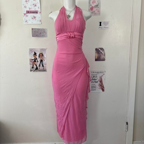 Deb Y2K Pink Rhinestone Halter Mesh Maxi Dress — Fairycore / Prom / Princess - Picture 6 of 8